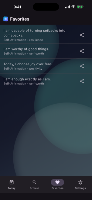 Mirmoi's Favorites tab, a personal collection of the affirmations you have chosen to keep.